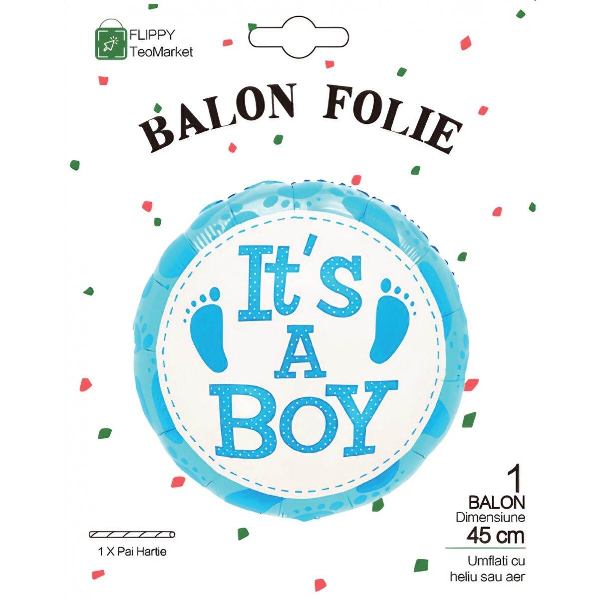 Balon din Folie Metalizata, Embo, Figurina Rotunda, Model It's a Boy, Tema Gender Reveal, 45 cm, Ambalaj Individual, Pai Inclus, Umflare cu Aer sau Heliu, Albastru - imagine 4