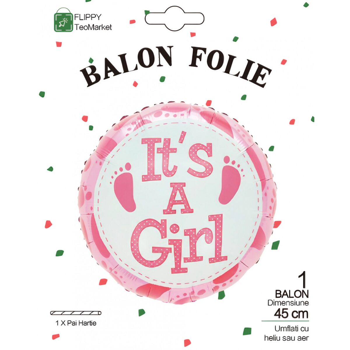 Balon din Folie Metalizata, Embo, Figurina Rotunda, Model It's a Girl, Tema Gender Reveal, 45 cm, Ambalaj Individual, Pai Inclus, Umflare cu Aer sau Heliu, Roz - imagine 4
