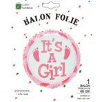 Balon din Folie Metalizata, Embo, Figurina Rotunda, Model It's a Girl, Tema Gender Reveal, 45 cm, Ambalaj Individual, Pai Inclus, Umflare cu Aer sau Heliu, Roz - imagine 4