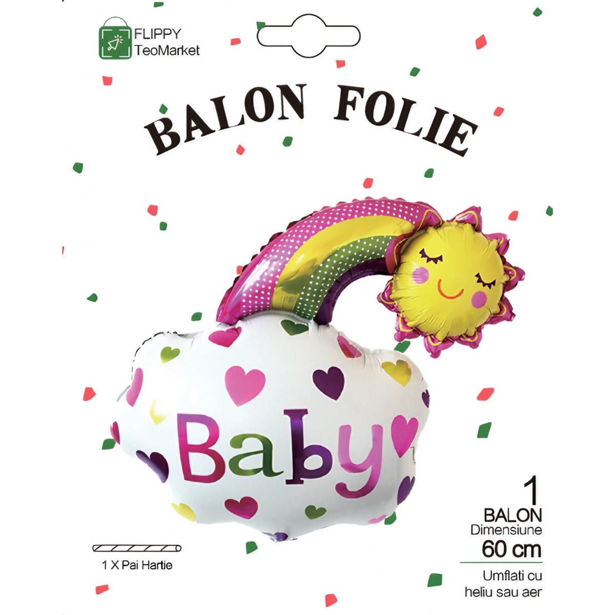Balon din Folie Metalizata, Embo, Figurina Soare si Nor, Tema Botez, 60x53 cm, Ambalaj Individual, Pai Inclus, Umflare cu Aer sau Heliu, Roz - imagine 7