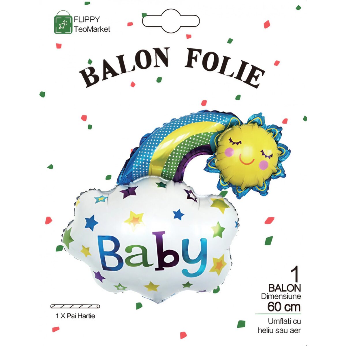 Balon din Folie Metalizata, Embo, Figurina Soare si Nor, Tema Botez, 60x53 cm, Ambalaj Individual, Pai Inclus, Umflare cu Aer sau Heliu, Albastru - imagine 5