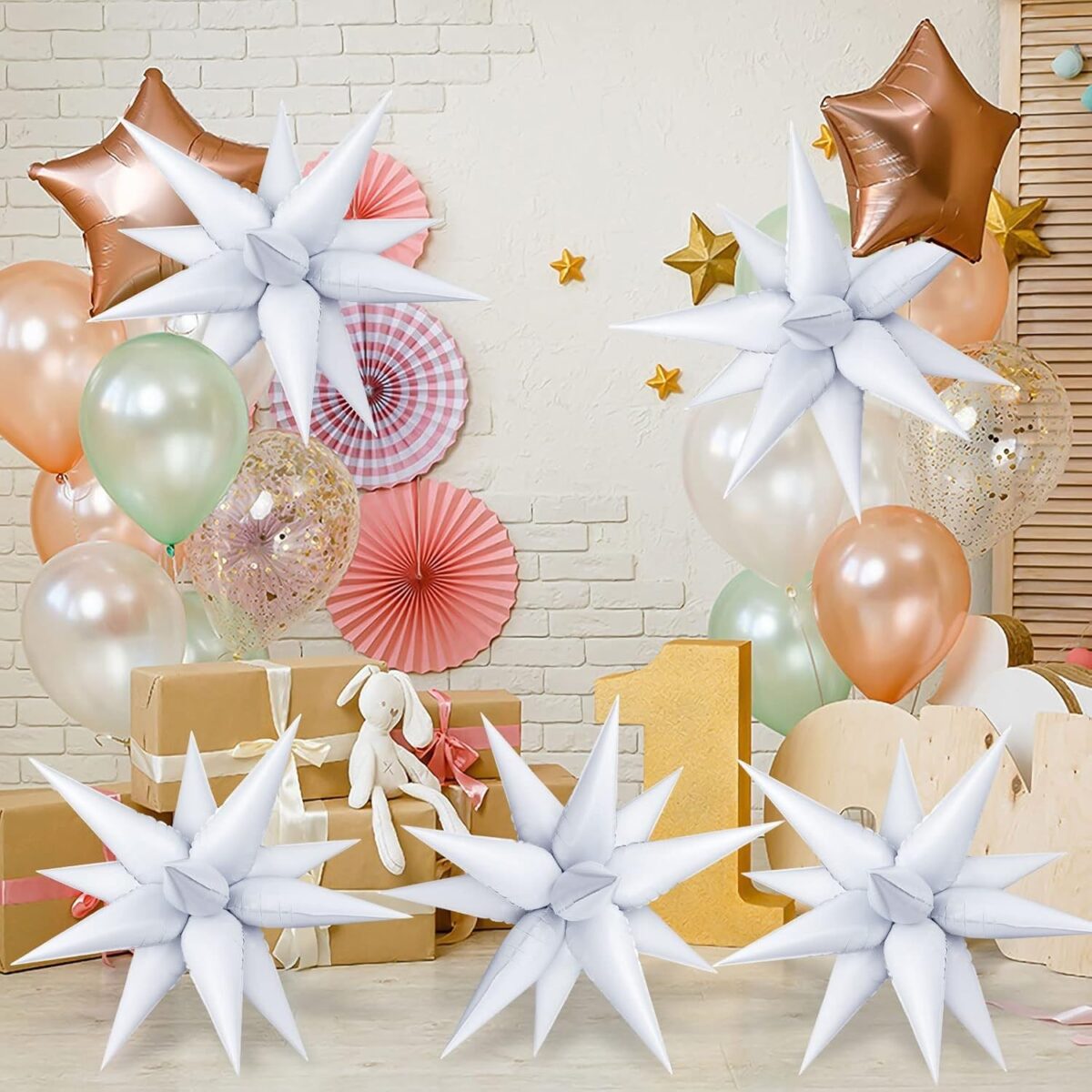 Balon din Folie Metalizata, Embo, Figurina Stea 3D, 66 cm, Ambalaj Individual, Pai inclus, Umflare cu Aer sau Heliu, Alb - imagine 5