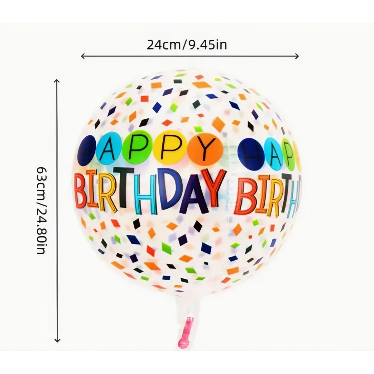 Balon din Folie Metalizata, Embo, Figurine 4D, Model Happy Birthday, Tematica Aniversara Bombonele, 63x24 cm, Ambalaj Individual, Pai Inclus, Umflare cu Aer sau Heliu, Alb-Multicolor - imagine 3