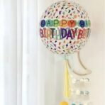 Balon din Folie Metalizata, Embo, Figurine 4D, Model Happy Birthday, Tematica Aniversara Bombonele, 63x24 cm, Ambalaj Individual, Pai Inclus, Umflare cu Aer sau Heliu, Alb-Multicolor - imagine 9