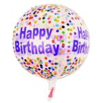 Balon din Folie Metalizata, Embo, Figurine 4D, Model Happy Birthday, Tematica Aniversara Bombonele, 63x24 cm, Ambalaj Individual, Pai Inclus, Umflare cu Aer sau Heliu, Mov-Multicolor