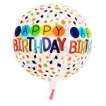 Balon din Folie Metalizata, Embo, Figurine 4D, Model Happy Birthday, Tematica Aniversara Bombonele, 63x24 cm, Ambalaj Individual, Pai Inclus, Umflare cu Aer sau Heliu, Alb-Multicolor