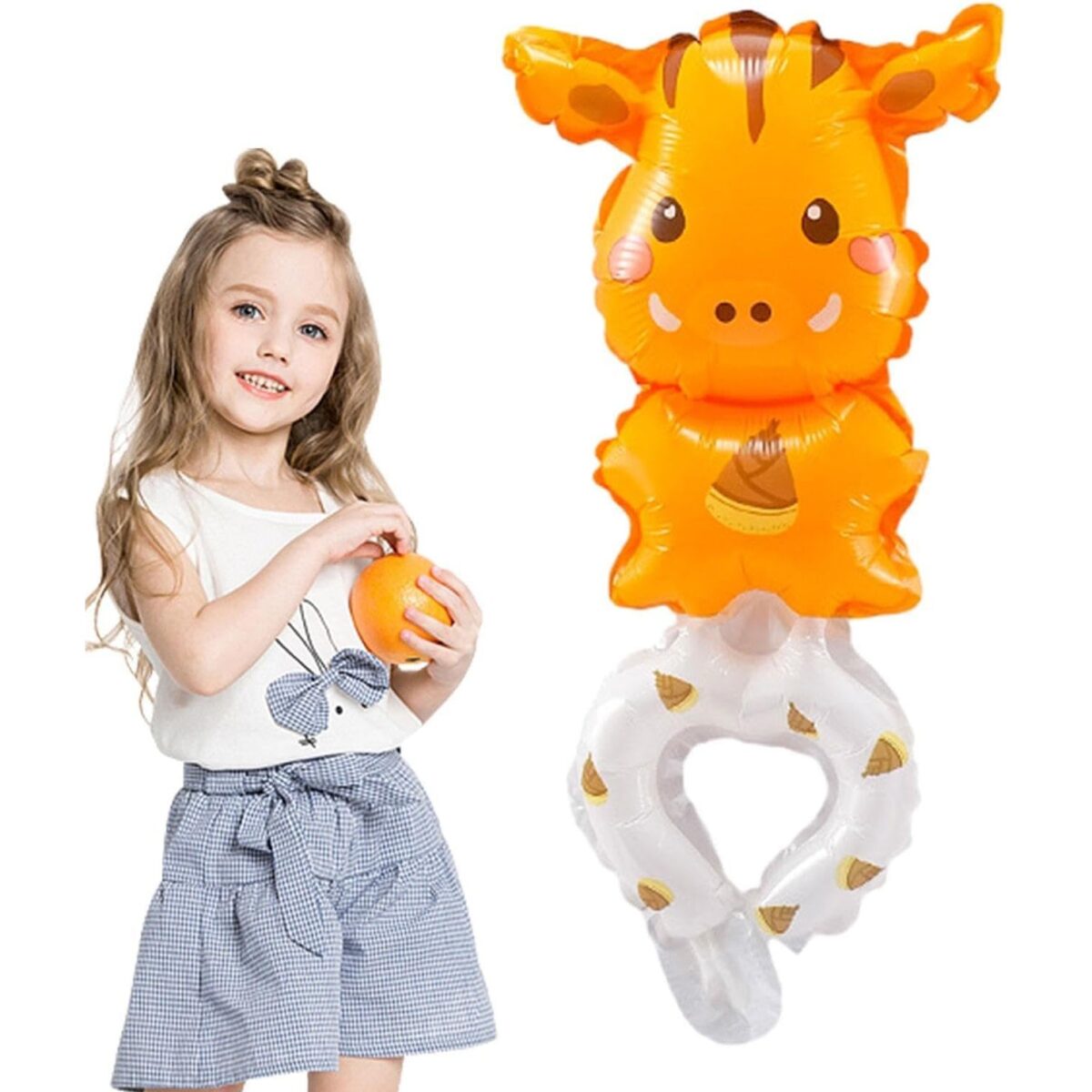 Balon din Folie Metalizata, Embo, Figurine Animalute, Tip Bratara, Model Girafa, 13 x 35 cm, Ambalaj Individual, Pai Inclus, Umflare cu Aer sau Heliu, Maro - imagine 4