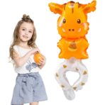 Balon din Folie Metalizata, Embo, Figurine Animalute, Tip Bratara, Model Girafa, 13 x 35 cm, Ambalaj Individual, Pai Inclus, Umflare cu Aer sau Heliu, Maro - imagine 4