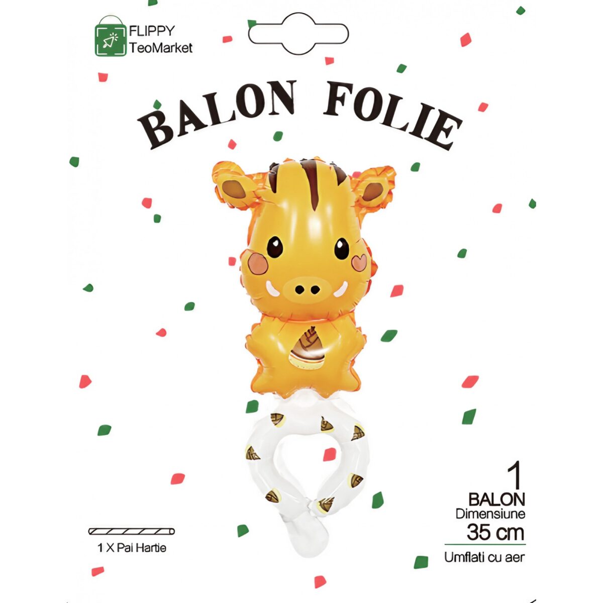 Balon din Folie Metalizata, Embo, Figurine Animalute, Tip Bratara, Model Girafa, 13 x 35 cm, Ambalaj Individual, Pai Inclus, Umflare cu Aer sau Heliu, Maro - imagine 6