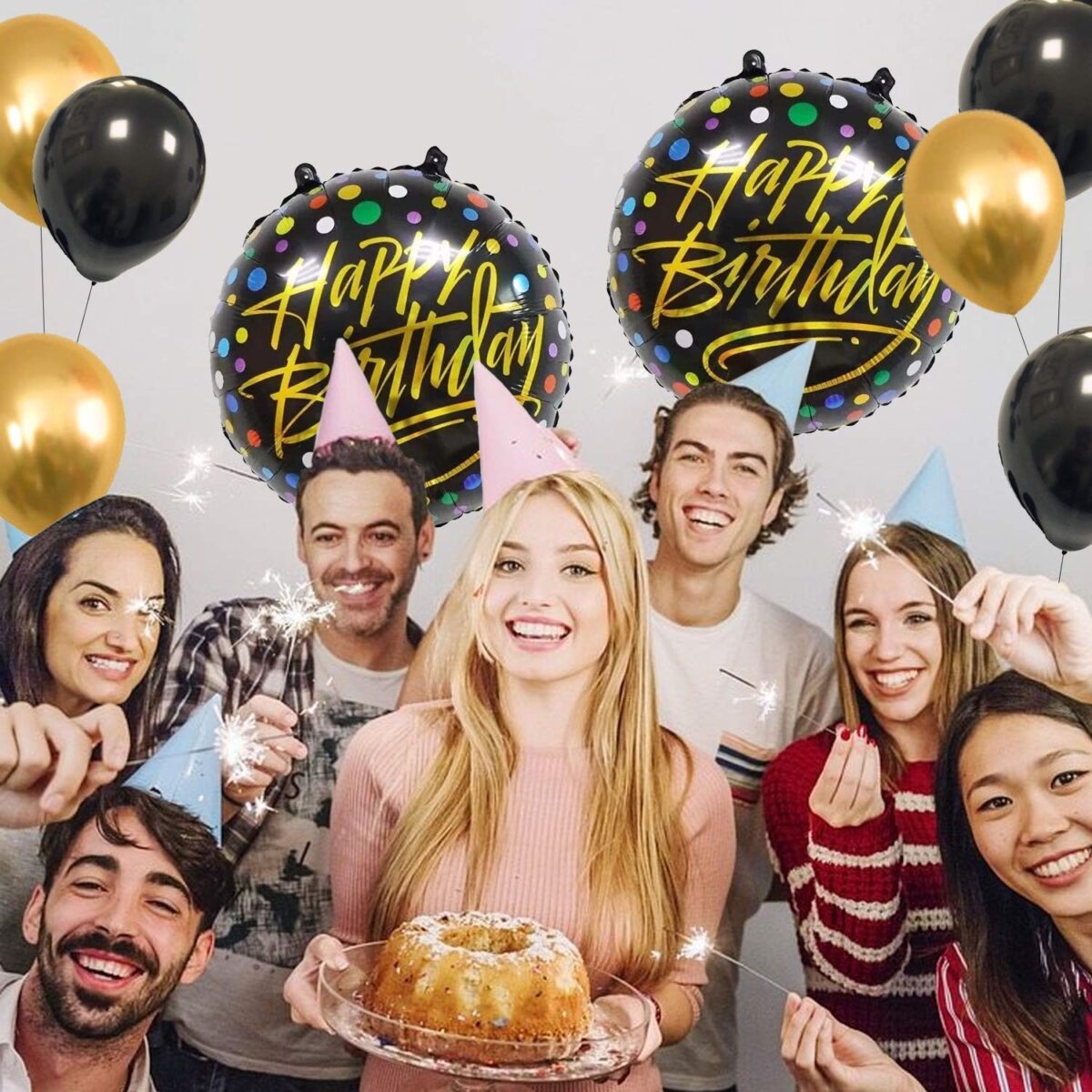 Balon din Folie Metalizata, Embo, Figurine, Model 3, Happy Birthday, Tematica Aniversare, 45 cm, Ambalaj Individual, Pai Inclus, Umflare cu Aer sau Heliu, Multicolor - imagine 4