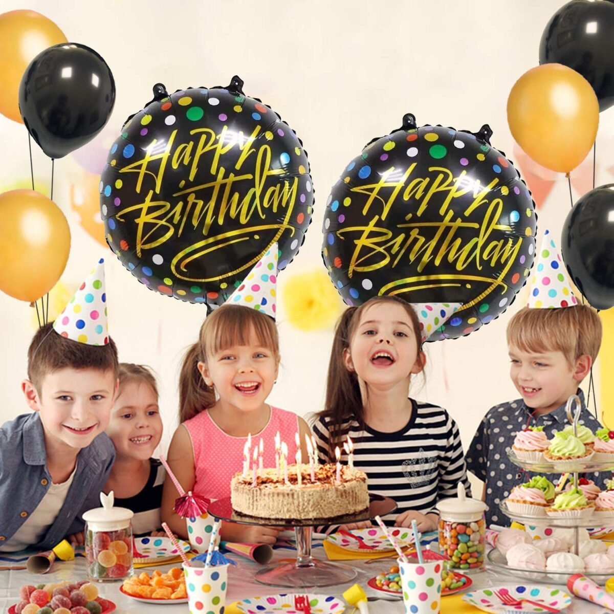 Balon din Folie Metalizata, Embo, Figurine, Model 3, Happy Birthday, Tematica Aniversare, 45 cm, Ambalaj Individual, Pai Inclus, Umflare cu Aer sau Heliu, Multicolor - imagine 5