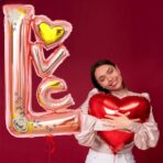 Balon din Folie Metalizata, Embo, Figurine, Model LOVE, Tematica Iubire, 110x64 cm, Ambalaj Individual, Pai Inclus, Umflare cu Aer sau Heliu, Roz - imagine 4
