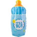 Balon din Folie Metalizata, Embo, Mini Figurina Biberon, Model It's a Boy, Tematica Gender Reveal, 44x20 cm, Ambalaj Individual, Pai Inclus, Umflare cu Aer sau Heliu, Albastru