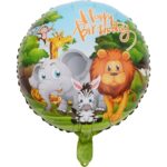 Balon din Folie Metalizata, Embo, Mini Figurina Rotunda, Model Animalute, Happy Birthday, Tematica Aniversare, 45 cm, Ambalaj Individual, Pai Inclus, Umflare cu Aer sau Heliu, Multicolor