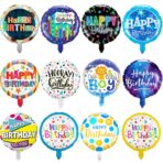 Balon din Folie Metalizata, Embo, Mini Figurina Rotunda, Model Cer Instelat, Happy Birthday, Tematica Aniversare, 45 cm, Ambalaj Individual, Pai Inclus, Umflare cu Aer sau Heliu, Multicolor - imagine 3