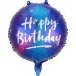Balon din Folie Metalizata, Embo, Mini Figurina Rotunda, Model Cer Instelat, Happy Birthday, Tematica Aniversare, 45 cm, Ambalaj Individual, Pai Inclus, Umflare cu Aer sau Heliu, Multicolor