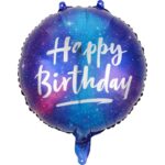 Balon din Folie Metalizata, Embo, Mini Figurina Rotunda, Model Cer Instelat, Happy Birthday, Tematica Aniversare, 45 cm, Ambalaj Individual, Pai Inclus, Umflare cu Aer sau Heliu, Multicolor