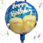 Balon din Folie Metalizata, Embo, Mini Figurina Rotunda, Model Halbe de Bere, Happy Birthday, Tematica Aniversare, 45 cm, Ambalaj Individual, Pai Inclus, Umflare cu Aer sau Heliu, Albastru - imagine 3