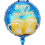 Balon din Folie Metalizata, Embo, Mini Figurina Rotunda, Model Halbe de Bere, Happy Birthday, Tematica Aniversare, 45 cm, Ambalaj Individual, Pai Inclus, Umflare cu Aer sau Heliu, Albastru
