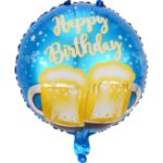 Balon din Folie Metalizata, Embo, Mini Figurina Rotunda, Model Halbe de Bere, Happy Birthday, Tematica Aniversare, 45 cm, Ambalaj Individual, Pai Inclus, Umflare cu Aer sau Heliu, Albastru
