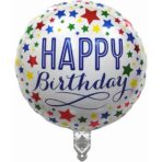 Balon din Folie Metalizata, Embo, Mini Figurina Rotunda, Model Happy Birthday, Tema Aniversare, 45 cm, Ambalaj Individual, Pai inclus, Umflare cu Aer sau Heliu, Multicolor