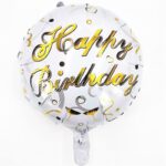 Balon din Folie Metalizata, Embo, Mini Figurina Rotunda, Model Happy Birthday, Tema Aniversare, 45 cm, Ambalaj Individual, Pai inclus, Umflare cu Aer sau Heliu, Argintiu