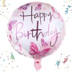 Balon din Folie Metalizata, Embo, Mini Figurina Rotunda, Model Happy Birthday Fluturasi, Tema Aniversare, 45 cm, Ambalaj Individual, Pai inclus, Umflare cu Aer sau Heliu, Roz - imagine 2