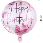 Balon din Folie Metalizata, Embo, Mini Figurina Rotunda, Model Happy Birthday Fluturasi, Tema Aniversare, 45 cm, Ambalaj Individual, Pai inclus, Umflare cu Aer sau Heliu, Roz - imagine 3