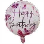 Balon din Folie Metalizata, Embo, Mini Figurina Rotunda, Model Happy Birthday Fluturasi, Tema Aniversare, 45 cm, Ambalaj Individual, Pai inclus, Umflare cu Aer sau Heliu, Roz