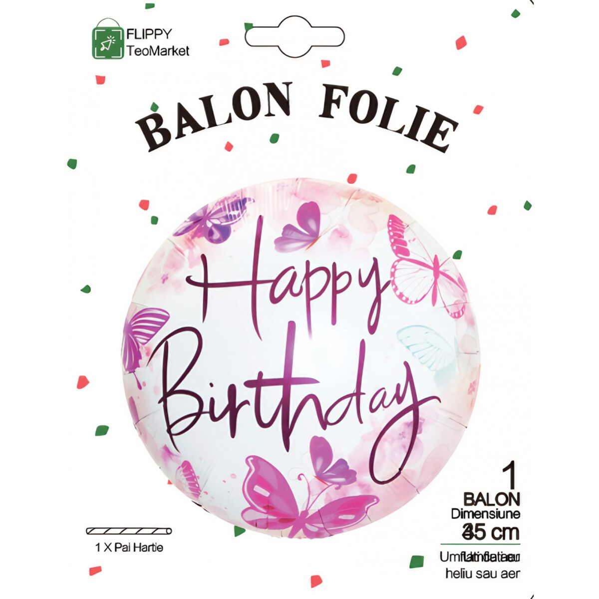 Balon din Folie Metalizata, Embo, Mini Figurina Rotunda, Model Happy Birthday Fluturasi, Tema Aniversare, 45 cm, Ambalaj Individual, Pai inclus, Umflare cu Aer sau Heliu, Roz - imagine 4