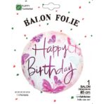 Balon din Folie Metalizata, Embo, Mini Figurina Rotunda, Model Happy Birthday Fluturasi, Tema Aniversare, 45 cm, Ambalaj Individual, Pai inclus, Umflare cu Aer sau Heliu, Roz - imagine 4
