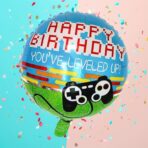 Balon din Folie Metalizata, Embo, Mini Figurina Rotunda, Model Happy Birthday Gamer, Tema Aniversare, 45 cm, Ambalaj Individual, Pai inclus, Umflare cu Aer sau Heliu, Albastru - imagine 2