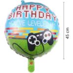 Balon din Folie Metalizata, Embo, Mini Figurina Rotunda, Model Happy Birthday Gamer, Tema Aniversare, 45 cm, Ambalaj Individual, Pai inclus, Umflare cu Aer sau Heliu, Albastru - imagine 3