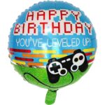 Balon din Folie Metalizata, Embo, Mini Figurina Rotunda, Model Happy Birthday Gamer, Tema Aniversare, 45 cm, Ambalaj Individual, Pai inclus, Umflare cu Aer sau Heliu, Albastru