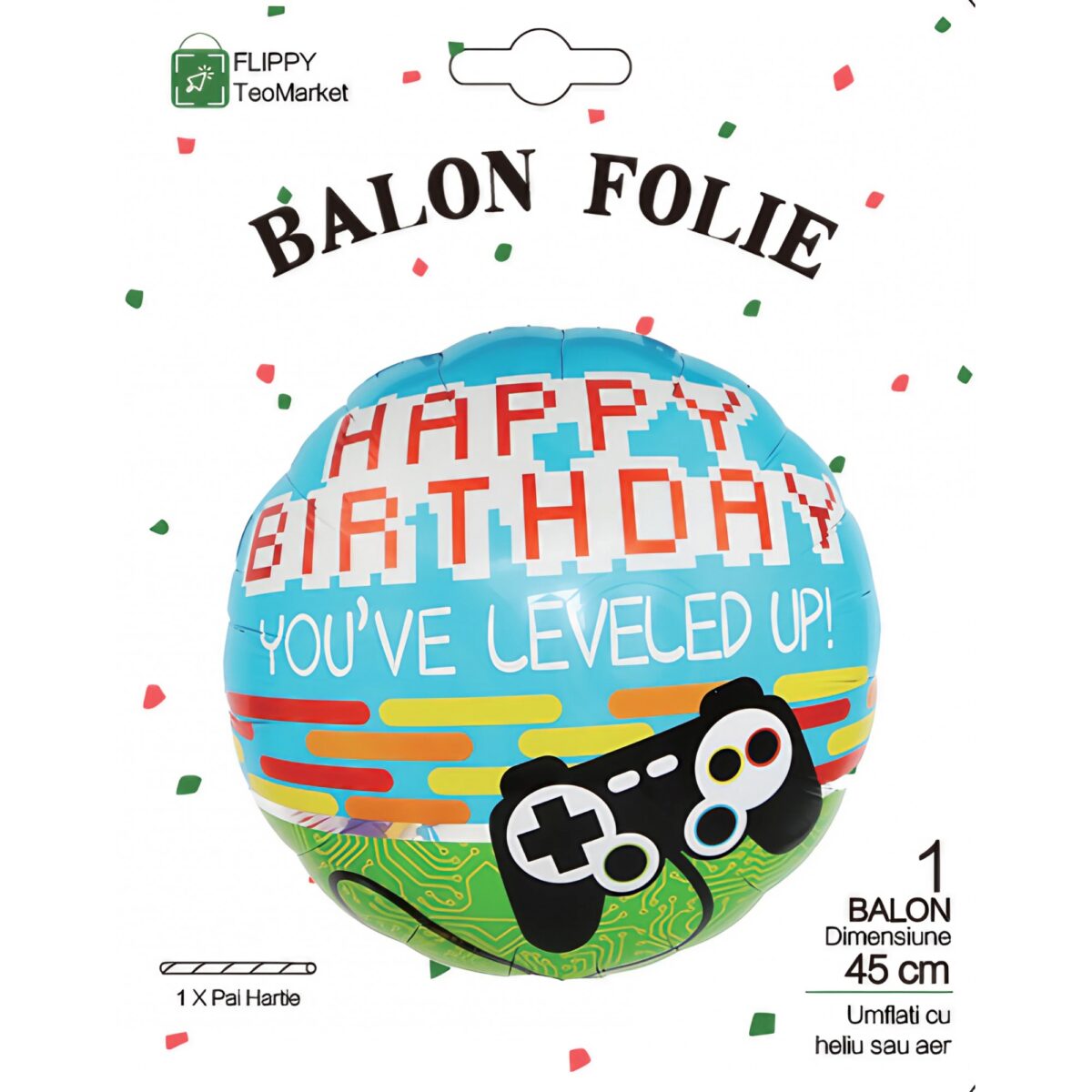 Balon din Folie Metalizata, Embo, Mini Figurina Rotunda, Model Happy Birthday Gamer, Tema Aniversare, 45 cm, Ambalaj Individual, Pai inclus, Umflare cu Aer sau Heliu, Albastru - imagine 4
