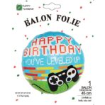 Balon din Folie Metalizata, Embo, Mini Figurina Rotunda, Model Happy Birthday Gamer, Tema Aniversare, 45 cm, Ambalaj Individual, Pai inclus, Umflare cu Aer sau Heliu, Albastru - imagine 4