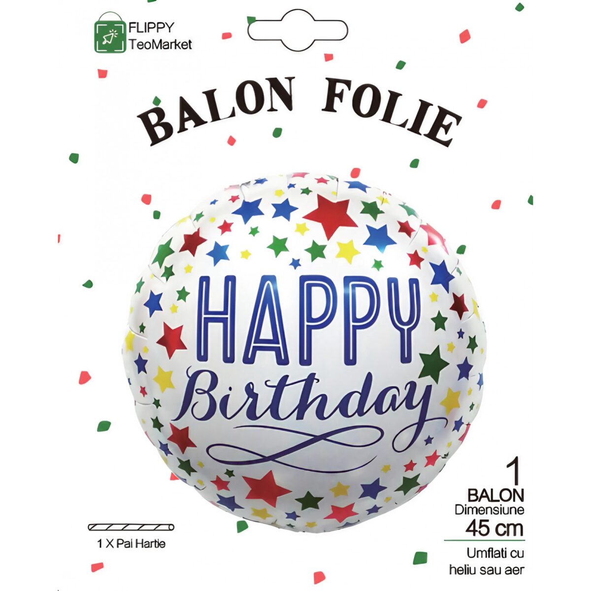 Balon din Folie Metalizata, Embo, Mini Figurina Rotunda, Model Happy Birthday, Tema Aniversare, 45 cm, Ambalaj Individual, Pai inclus, Umflare cu Aer sau Heliu, Multicolor - imagine 3