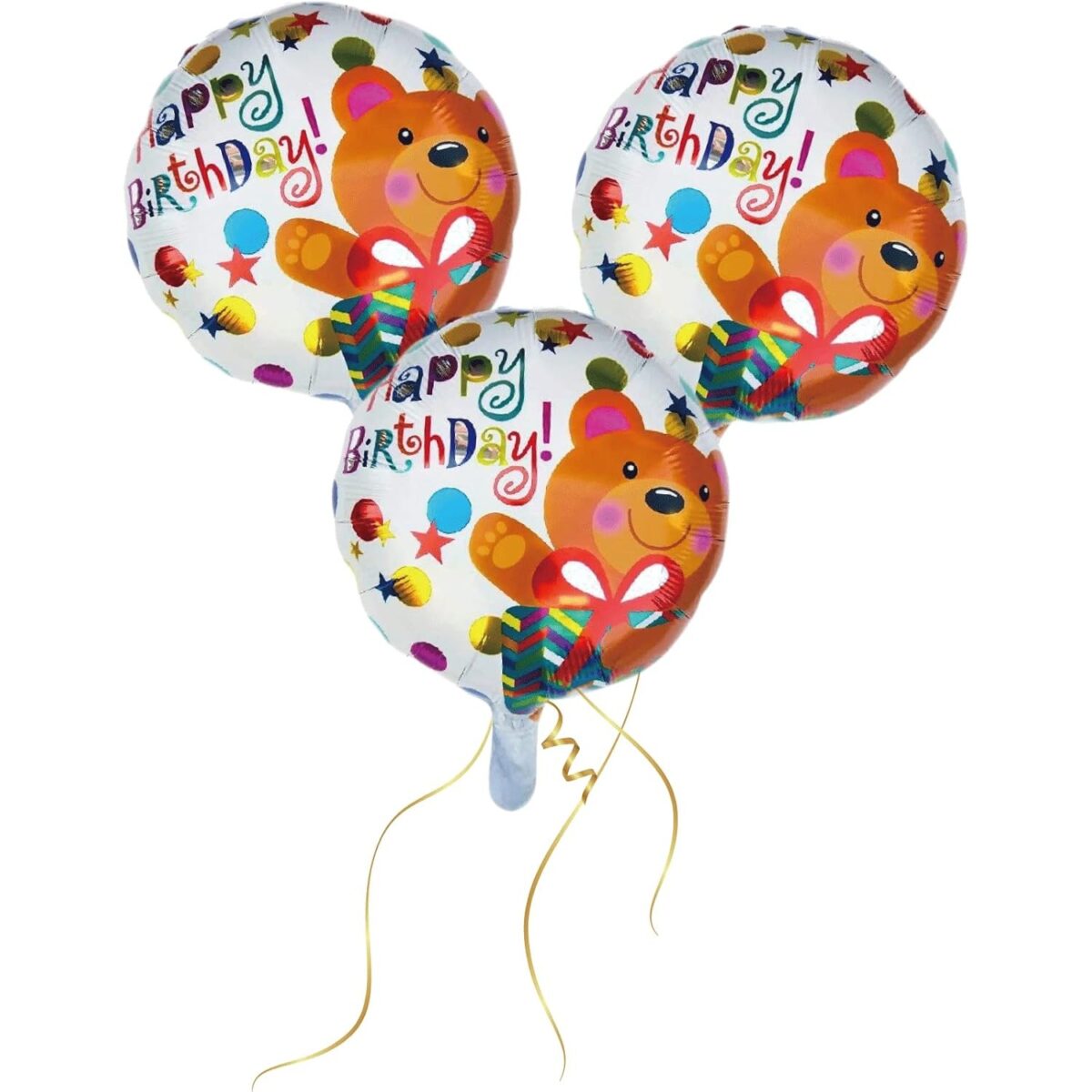 Balon din Folie Metalizata, Embo, Mini Figurina Rotunda, Model Happy Birthday Ursulet, Tema Aniversare, 45 cm, Ambalaj Individual, Pai inclus, Umflare cu Aer sau Heliu, Maro - imagine 3