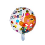 Balon din Folie Metalizata, Embo, Mini Figurina Rotunda, Model Happy Birthday Ursulet, Tema Aniversare, 45 cm, Ambalaj Individual, Pai inclus, Umflare cu Aer sau Heliu, Maro