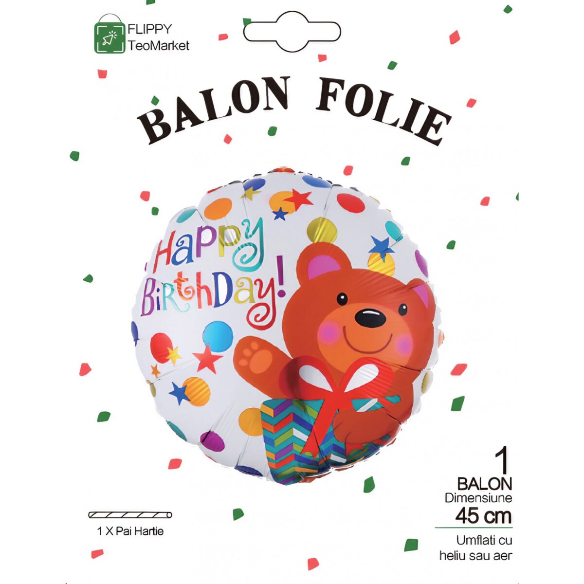 Balon din Folie Metalizata, Embo, Mini Figurina Rotunda, Model Happy Birthday Ursulet, Tema Aniversare, 45 cm, Ambalaj Individual, Pai inclus, Umflare cu Aer sau Heliu, Maro - imagine 4