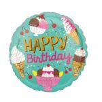Balon din Folie Metalizata, Embo, Mini Figurina Rotunda, Model Inghetata, Happy Birthday, Tematica Aniversare, 45 cm, Ambalaj Individual, Pai Inclus, Umflare cu Aer sau Heliu, Verde