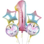 Balon din Folie Metalizata, Embo, Mini Figurina Rotunda, Model Unicorn, Happy Birthday, Tematica Aniversare, 45 cm, Ambalaj Individual, Pai Inclus, Umflare cu Aer sau Heliu, Multicolor - imagine 3