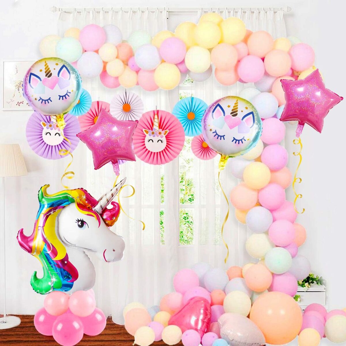 Balon din Folie Metalizata, Embo, Mini Figurina Rotunda, Model Unicorn, Happy Birthday, Tematica Aniversare, 45 cm, Ambalaj Individual, Pai Inclus, Umflare cu Aer sau Heliu, Multicolor - imagine 4