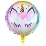 Balon din Folie Metalizata, Embo, Mini Figurina Rotunda, Model Unicorn, Happy Birthday, Tematica Aniversare, 45 cm, Ambalaj Individual, Pai Inclus, Umflare cu Aer sau Heliu, Multicolor