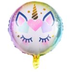 Balon din Folie Metalizata, Embo, Mini Figurina Rotunda, Model Unicorn, Happy Birthday, Tematica Aniversare, 45 cm, Ambalaj Individual, Pai Inclus, Umflare cu Aer sau Heliu, Multicolor