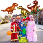 Balon din Folie Metalizata, Embo, Mini Figurine Dinozauri, Model T-Rex, Tematica Aniversare, 48x34 cm, Ambalaj Individual, Pai Inclus, Umflare cu Aer sau Heliu, Multicolor - imagine 6