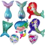 Balon din Folie Metalizata, Embo, Mini Figurine, Model Sirena cu Par Rosu, Tematica Aniversare, 39x37 cm, Ambalaj Individual, Pai Inclus, Umflare cu Aer sau Heliu, Multicolor - imagine 4