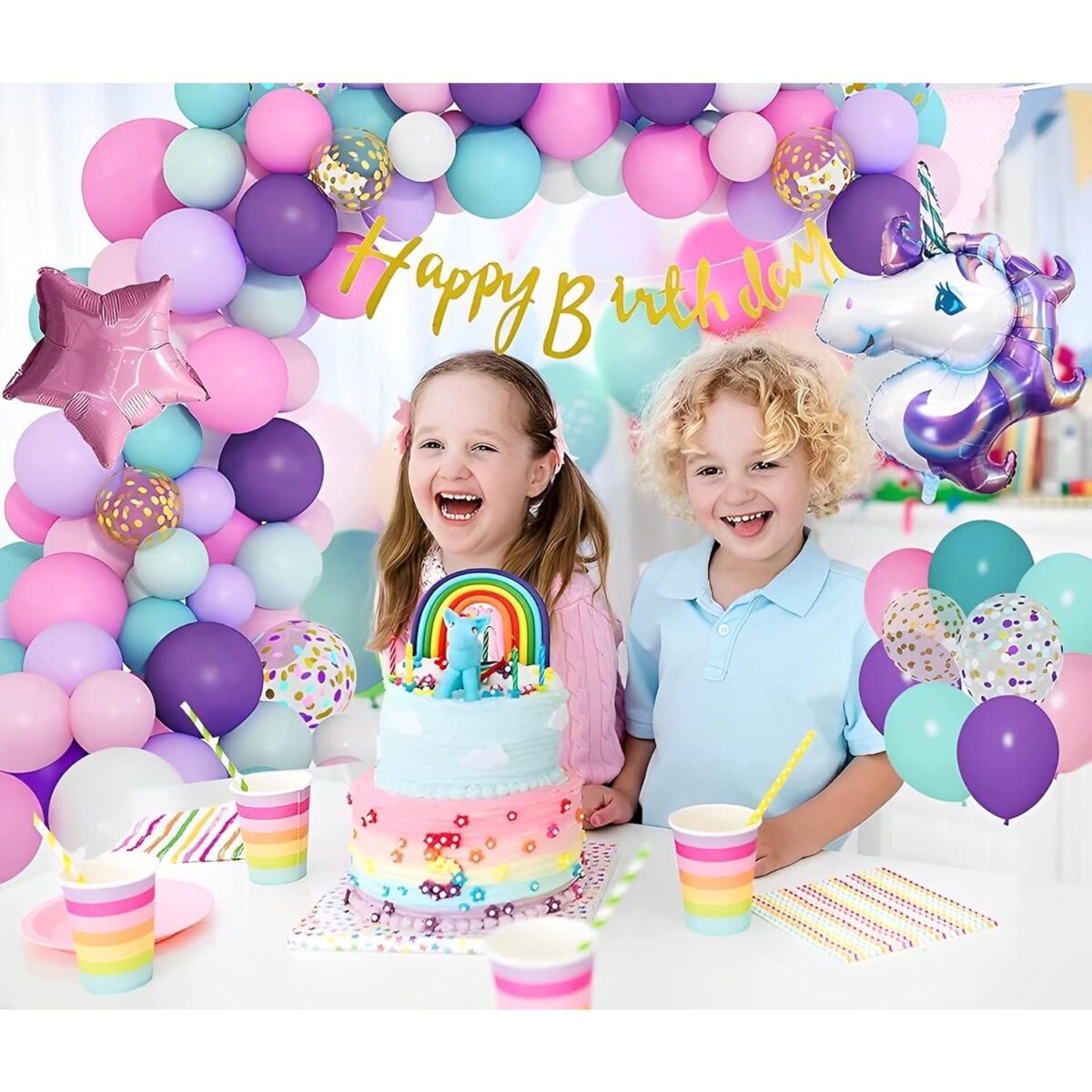 Balon din Folie Metalizata, Embo, Mini Figurine, Model Unicorn, Tematica Aniversare, 115x76 cm, Ambalaj Individual, Pai Inclus, Umflare cu Aer sau Heliu, Multicolor - imagine 2