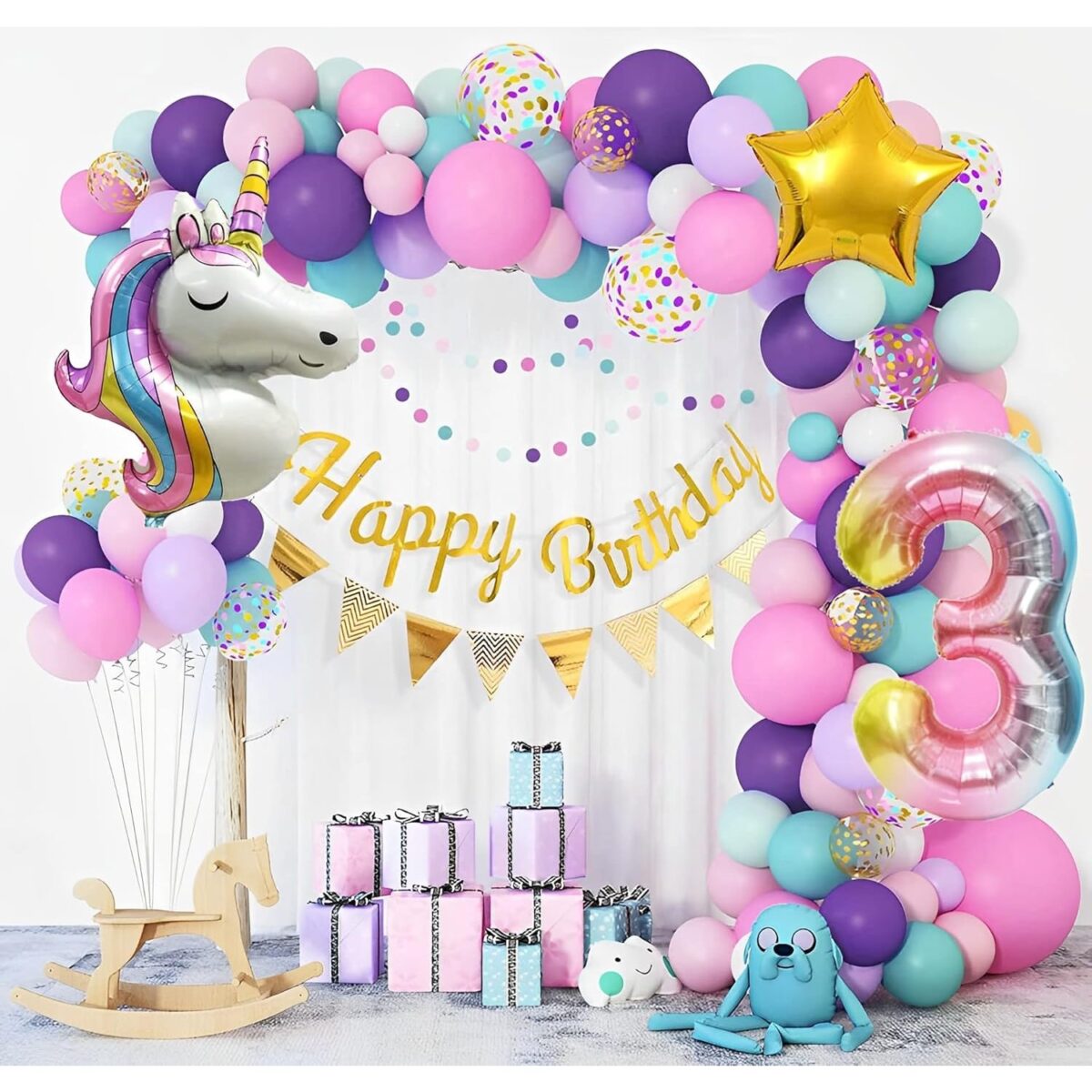 Balon din Folie Metalizata, Embo, Mini Figurine, Model Unicorn, Tematica Aniversare, 115x76 cm, Ambalaj Individual, Pai Inclus, Umflare cu Aer sau Heliu, Multicolor - imagine 4