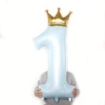 Balon din Folie Metalizata, Embo, Figurina Cifra 1, Model Coroana Print, 91 cm, Ambalaj Individual, Pai inclus, Umflare cu Aer sau Heliu, Albastru - imagine 2